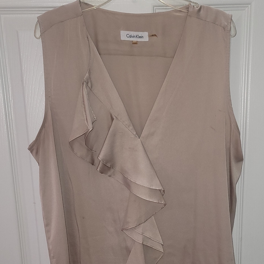 Calvin Klein Ruffled V-Neck Blouse in Beige